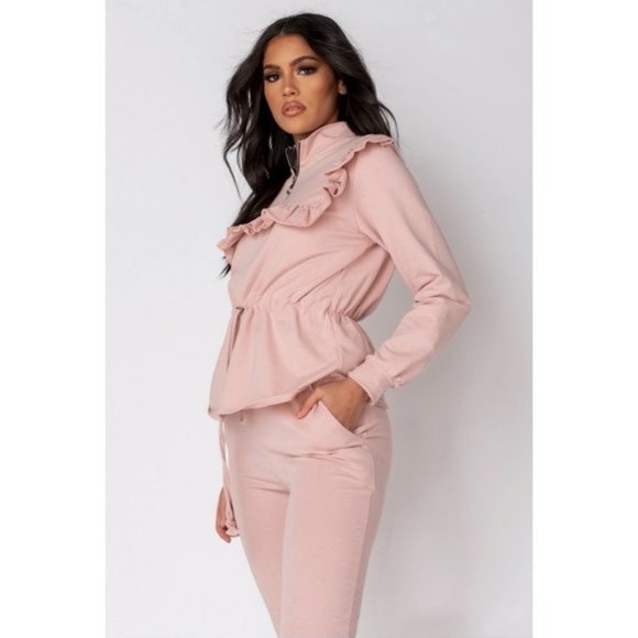 Pink Long Sleeve High Neck Frill Detail Top and Jogger Pants Two Piece Set - Picture 4 of 11